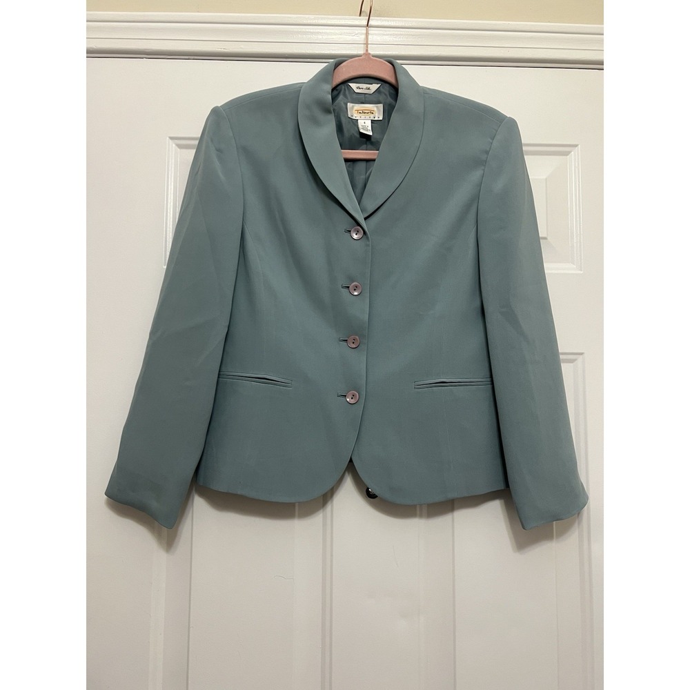 Talbots Womens Jacket Silk Blazer Light Green Buttons Tulip Hem Lined Petites 4